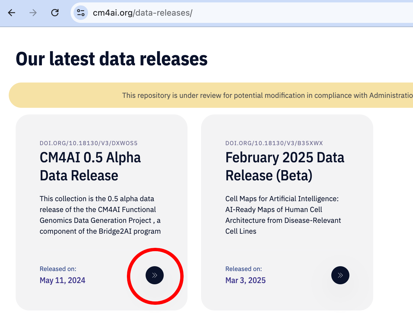 Link to CM4AI 0.5 data release circled in red