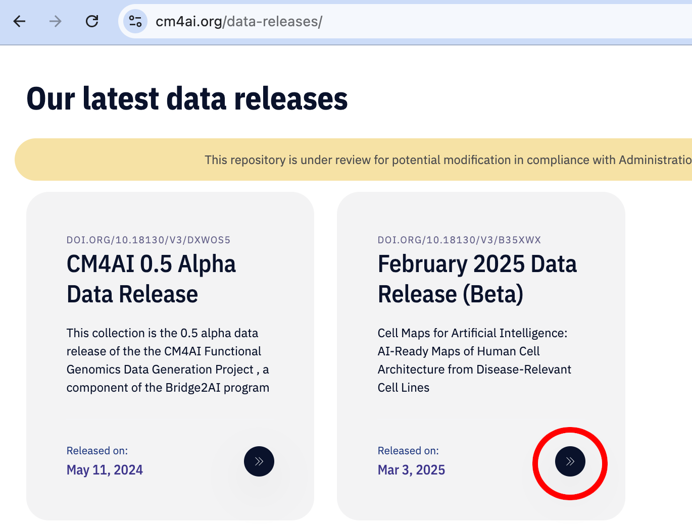 Link to CM4AI February 2025 data release circled in red